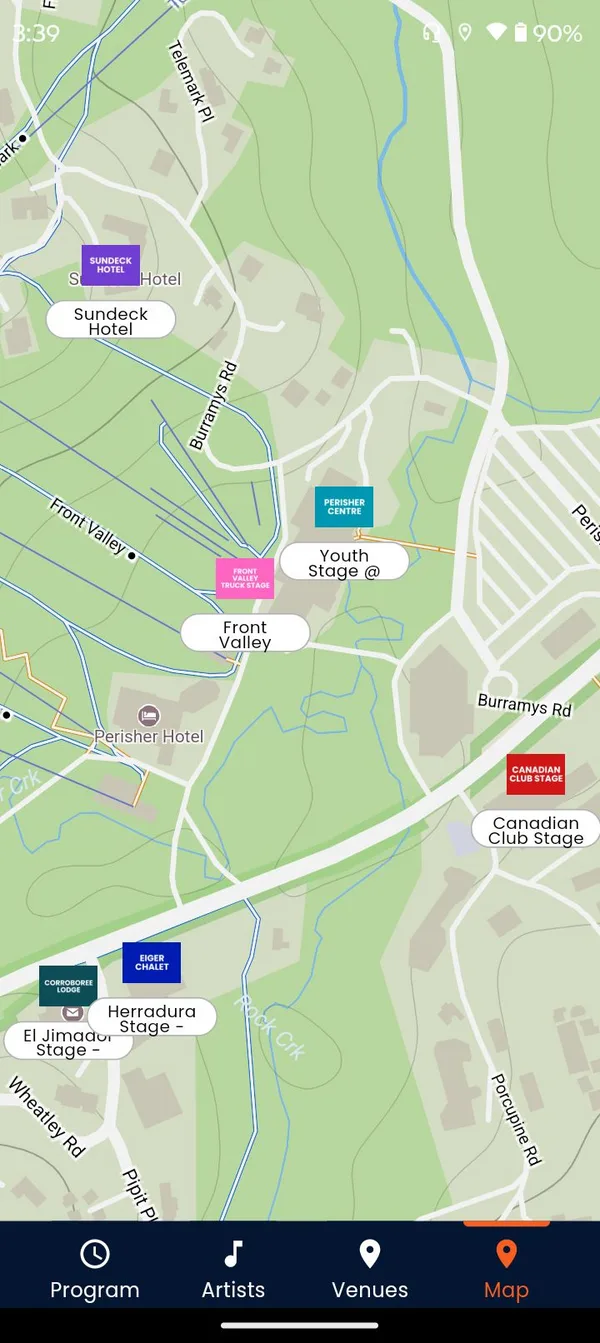 Sponsor-branded stages shown on the live festival map in the Moment event app