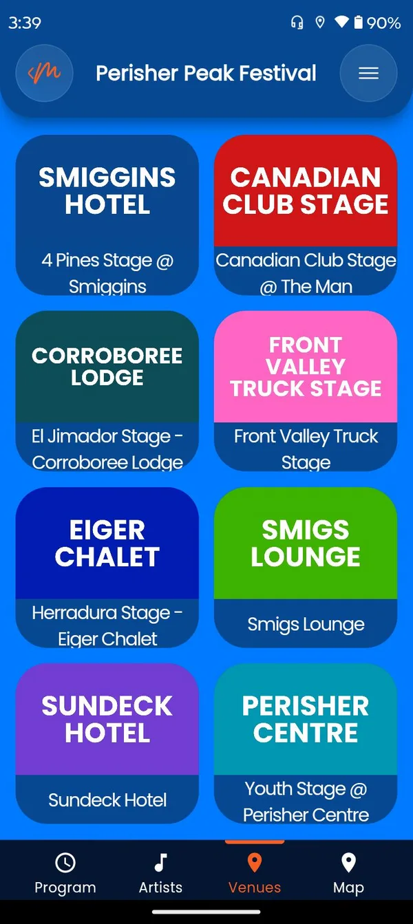Sponsor-branded venue listings in the Peak Festival event app — Canadian Club Stage, El Jimador Stage, 4 Pines Stage