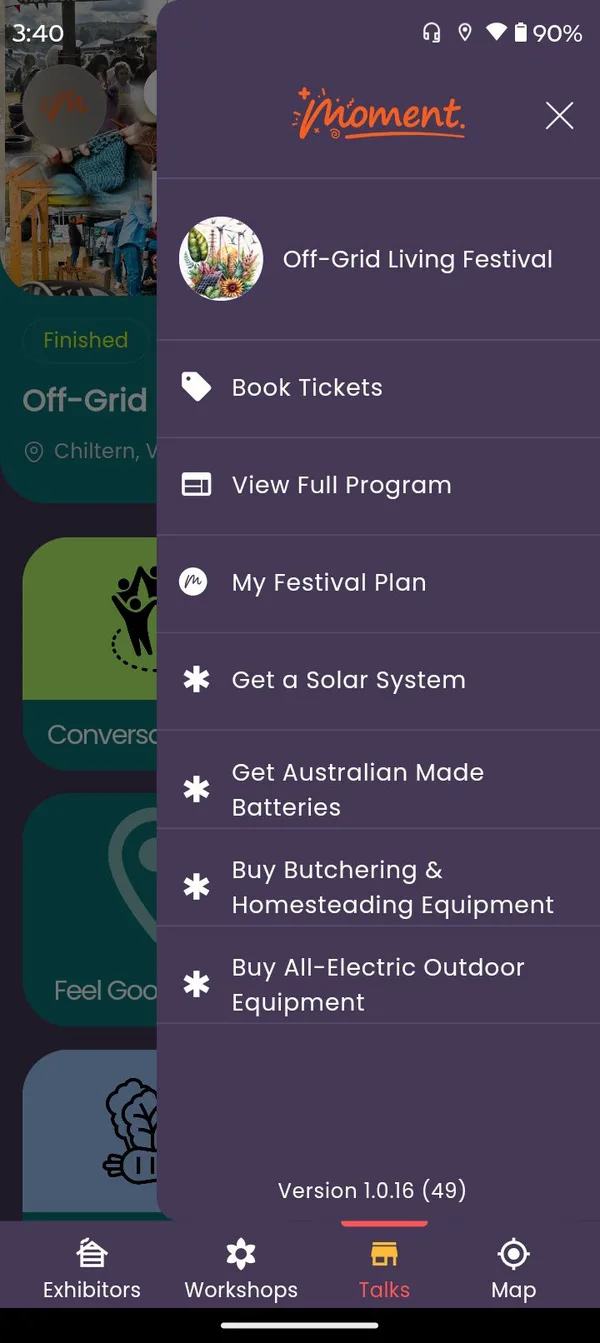 Call-to-action sponsor links in the Off-Grid Living Festival app side menu — Get a Solar System, Get Australian Made Batteries