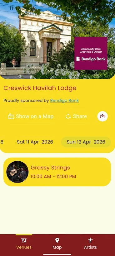 CresFest venue screen for Creswick Havilah Lodge with the Bendigo Bank sponsor logo in the venue image and a 'proudly sponsored by' link