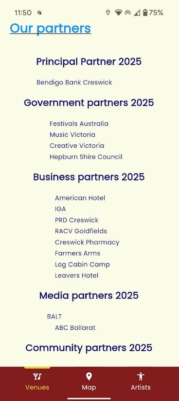 'Our partners' sponsors page in a Moment event app listing principal, government, business, media and community partners