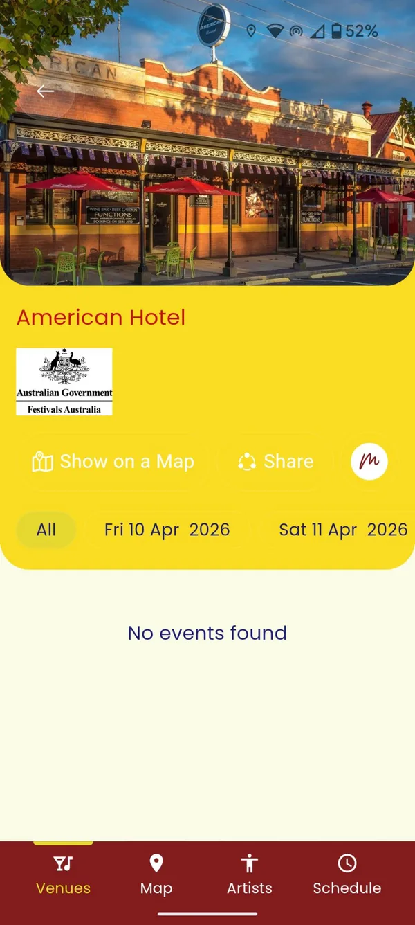 Sponsor logo and website link displayed inside a venue description in the Moment event app
